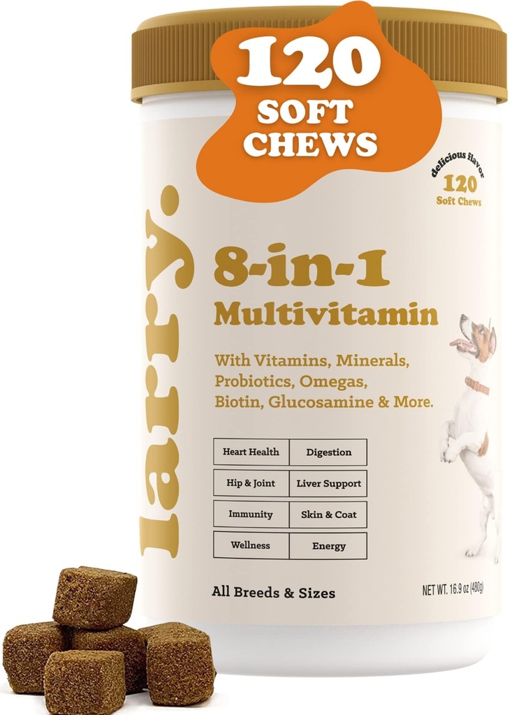 8- in-1 Multivitamin Dog Supplement by Larry 's Breath 124; Heart, trawienie, Wątroba, Skóra, Coat, & Joint Supplement for Dogs Netherlands 124; with Vitamins, Minerals, Omegas, & Glucozamine Chondroitin
