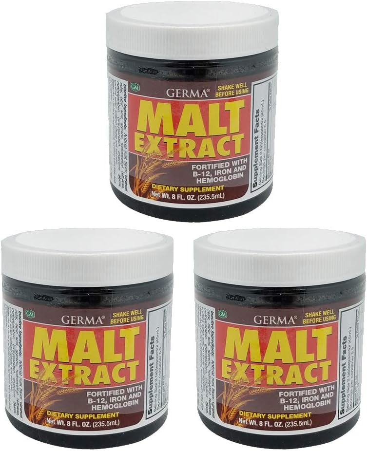 Ekstrakt Germa Malt. Suplement diety. Wzmocniona witaminą B12, żelazem i hemoglobiną. Wysoka zawartość antyoksydantów. 8 fl.oz. Opakowanie po 3.
