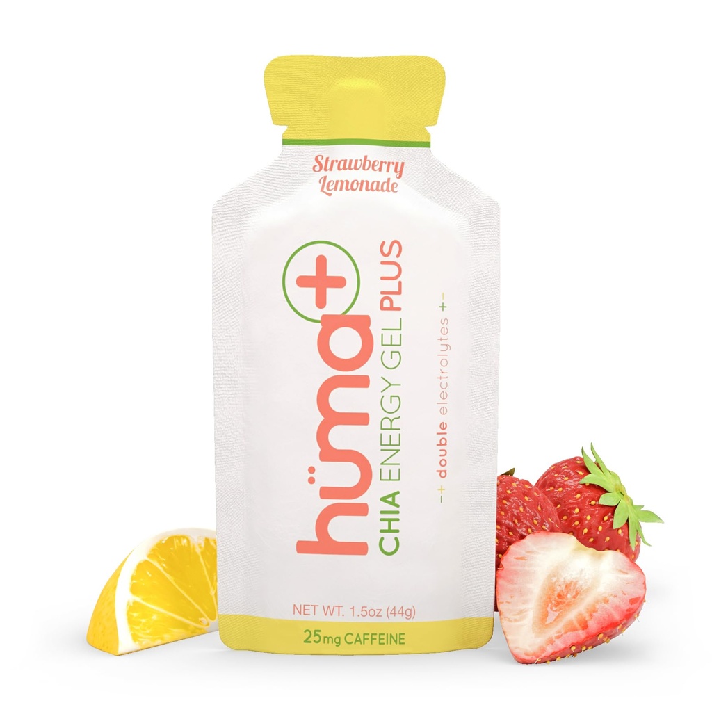 Huma Plus (Double Electrolytes) - Żel Chia Energy, Lemoniada truskawkowa, 12 żeli, 25mg kofeiny - Przyjazne do żołądka, żele z prawdziwą energią spożywczą