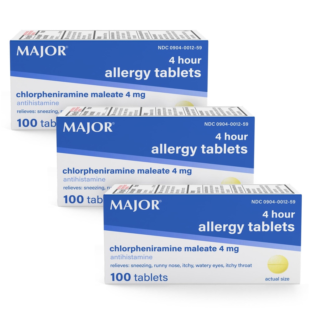MAJOR 4 Mg tabletki alergiczne - Chlorfeniramina Maleinian 4-godzinny alergia Medycyna - Antyhistamina dla ulgi kiszenia, Swędzacze oczy, Swędzacze Gardło i Nose Runny - 100 Hrabia (3 Pack)