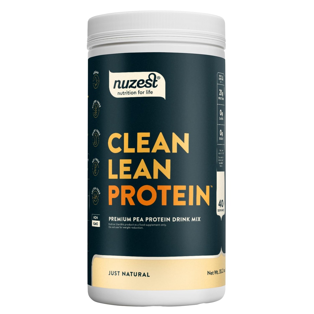 Nuzest - Proszek z protein grochowych - Białko o czystej barwie, Proszek z proteiny roślinnej Premium, Proszek z białka bezmlecznego, Bez glutenu, Bez GMO, Wstrząs proteinowy, Just Natural (UNFLAVORED), 40 Sług, 2,2 l