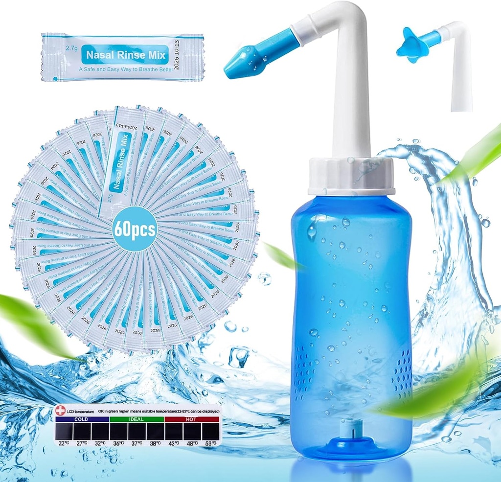 Neti Pot Sinus Rinse Butelka do płukania nosa Oczyszczarka do płukania nosa Nasal Nasal Nassation 60 Nasal Wash Saline Pakiety & 300 ML Neti Butelka Refill Kit Idea i Naklejka Termometr dla dorosłych i dzieci (niebieski)