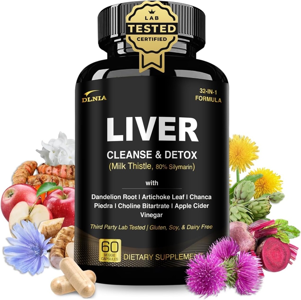 32 in 1 Liver Cleanse Detox & Repair Formuła z Jabłkiem Cydr Ocet, Suplement Tistle mleka, Karczoch, Dandelion Root Supplement - Non-GMO & Wegan Herbal Liver Support & Naprawa