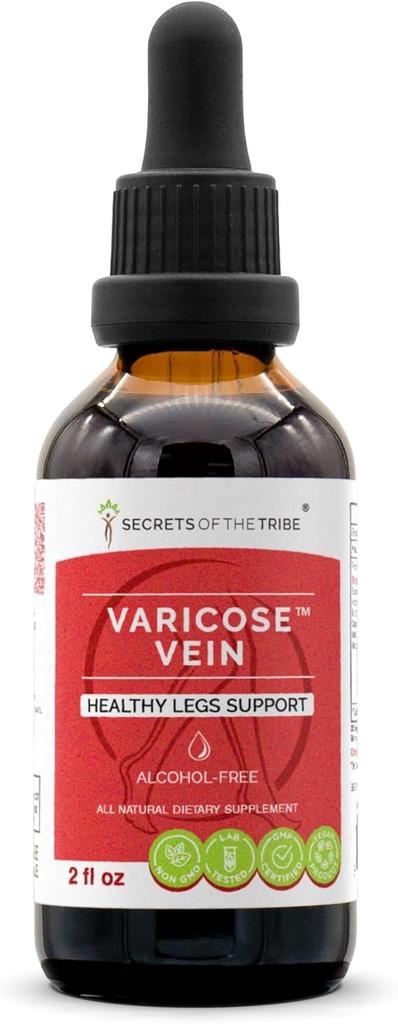 Tajemnice plemion Varicose Vein Alkohol-Free, Broom Rzeźnika Glicerite, Kasztan Koń, Bilberry, Cayenne, Gotu Kola, Grape. Tincture, Wyciąg ziołowy Zdrowe nogi Wsparcie 2 OZ