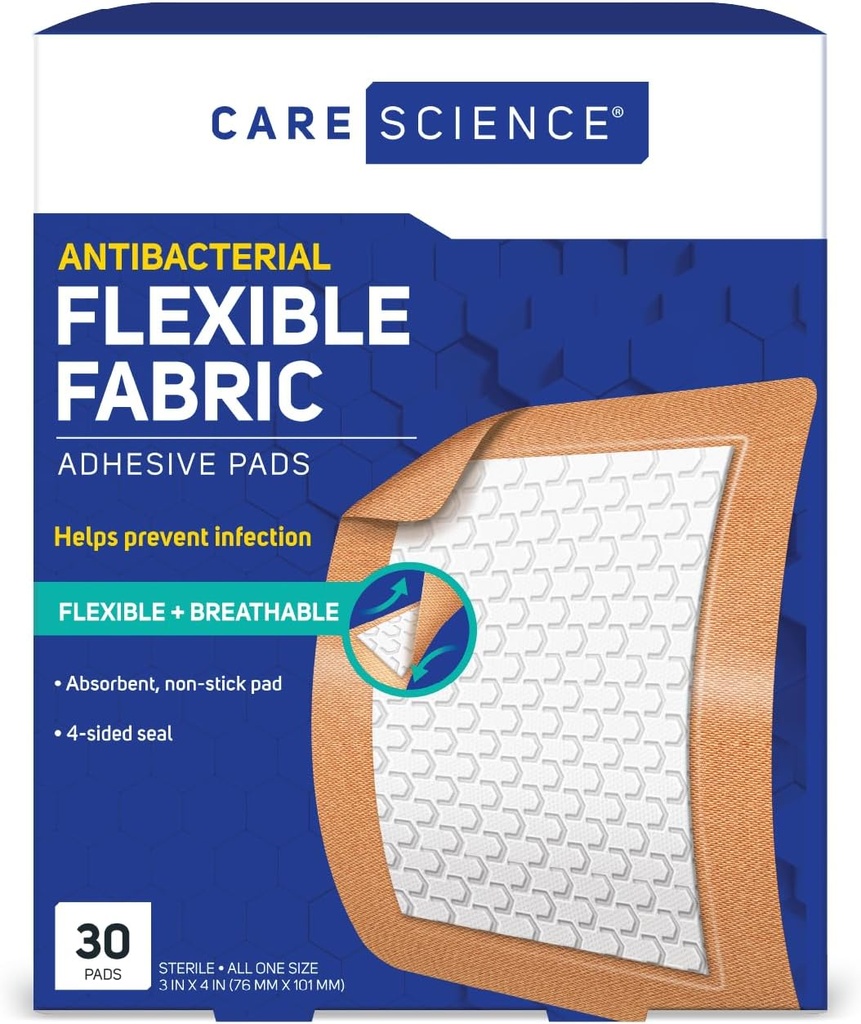 Care Science Fabric Adhesive Pad Bandaże, 3x4 cali Extra Duży Elastyczny Non-Stick Strip, Pomaga zapobiegać infekcji, Ochrona oddychania, dla pierwszej pomocy i opieki nad ranami, 30 Hrabia