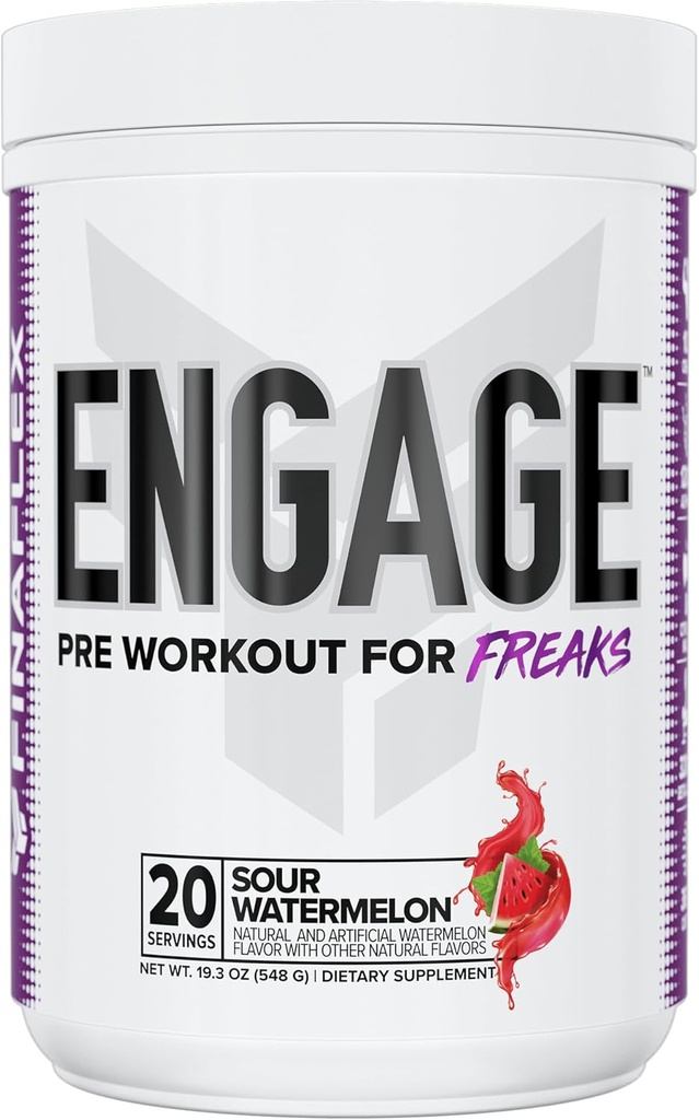 FINAFLEX Engage pre Workout, Sour Arbuz - Trener Harder, Dłuższe i Mocniejsze - Obejmuje kreaturę, Beta- Alanina, Alpha GPC, Citrulline & Kofeina - 20 Służenia