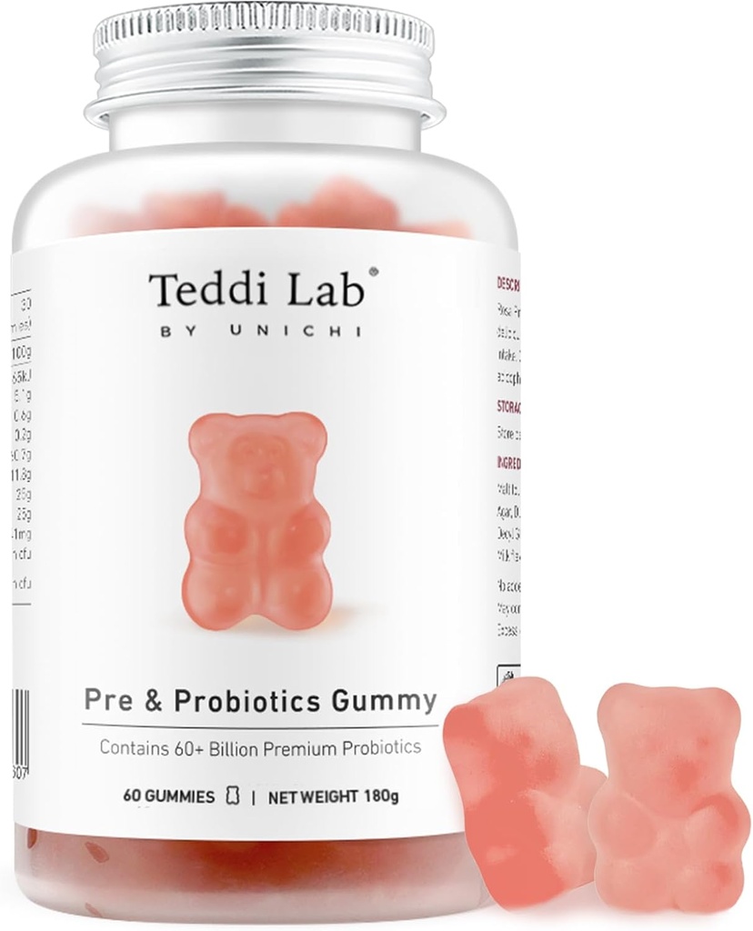 Unichi Pre & Probiotyka Gummy, 60 + Miliard Probiotyków w połączeniu z Prebiotykiem do Żywieniowego Wellness i Równowagi Wewnętrznej, Non-GMO, Jogurt Flavour, 60 Count
