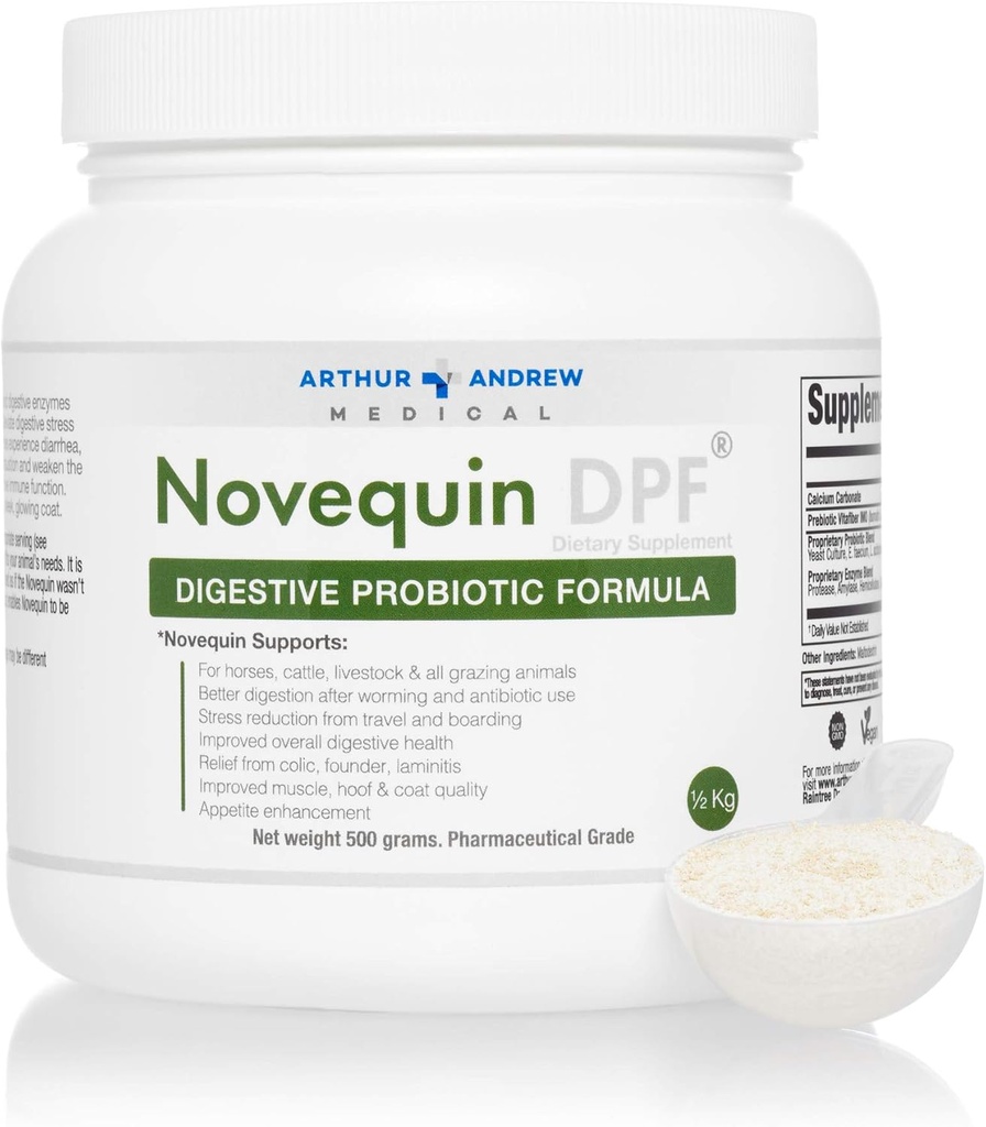 Arthur Andrew Medical, Novequin DPF, Digestive Probiotic Formula dla dużych zwierząt, Prebiotyki, Probiotyki i Enzymy, Non-GMO, 500 Grams