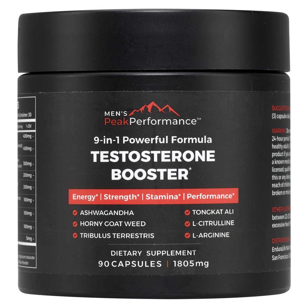 męski PeakPerformance - Testosteron suplement booster dla mężczyzn - Boost Stamina, Wzrost mięśni, Energia, Siła, Endurance & Drive - Ashwagandha, Tribulus, L- Arginina, Tongkat Ali- 90 Kapsułki