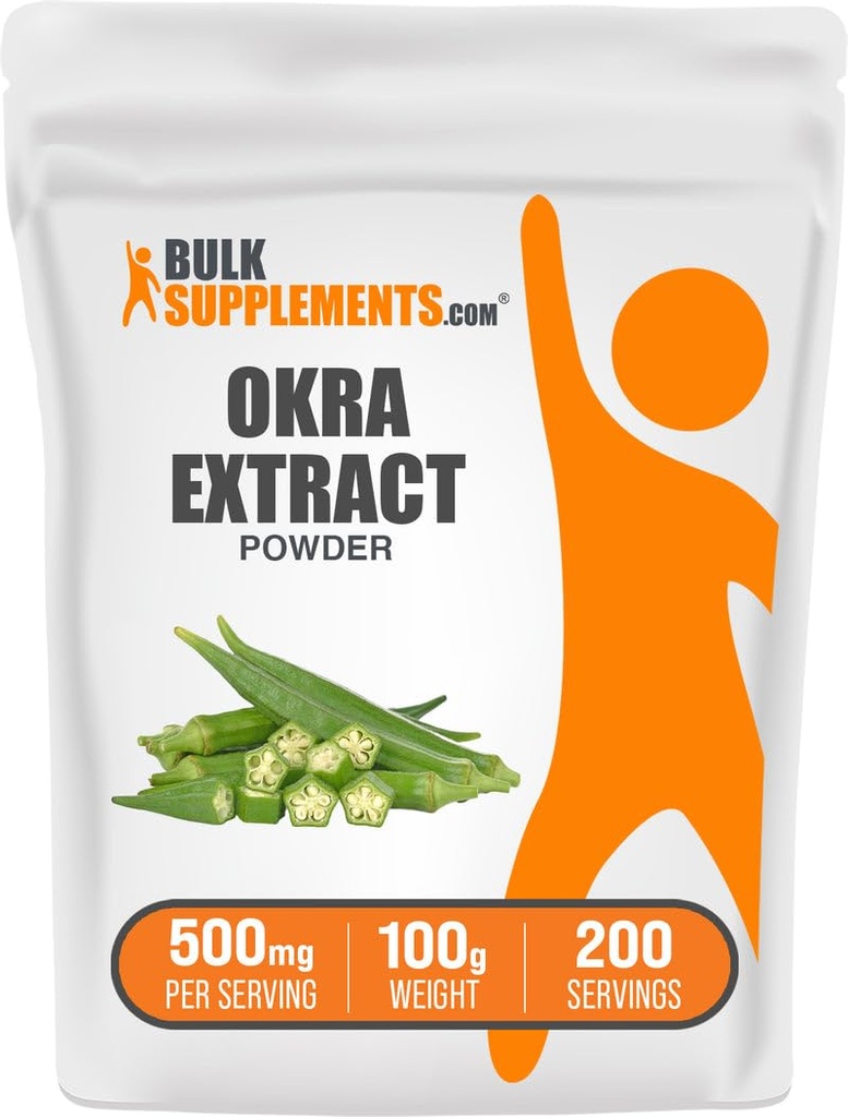 BulkSupplements.com Okra Extract Powder - Okra Supplement, Źródło Fiber, Herbal Supplement - Vegan & Gluten Free, 500mg na jedną porcję, 100g (3.5 oz) (opakowanie po 1)