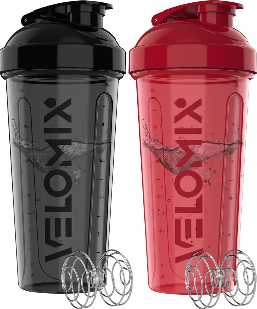 VELOMIX -2 Pack - 28 oz Butelki shaker protein do mieszania protein - 2x Whist Wire Between 124; Pucharki do shake 'ów protein 124; Butelki shaker Protein Pack 124; Butelki do shake protein - Black & Red