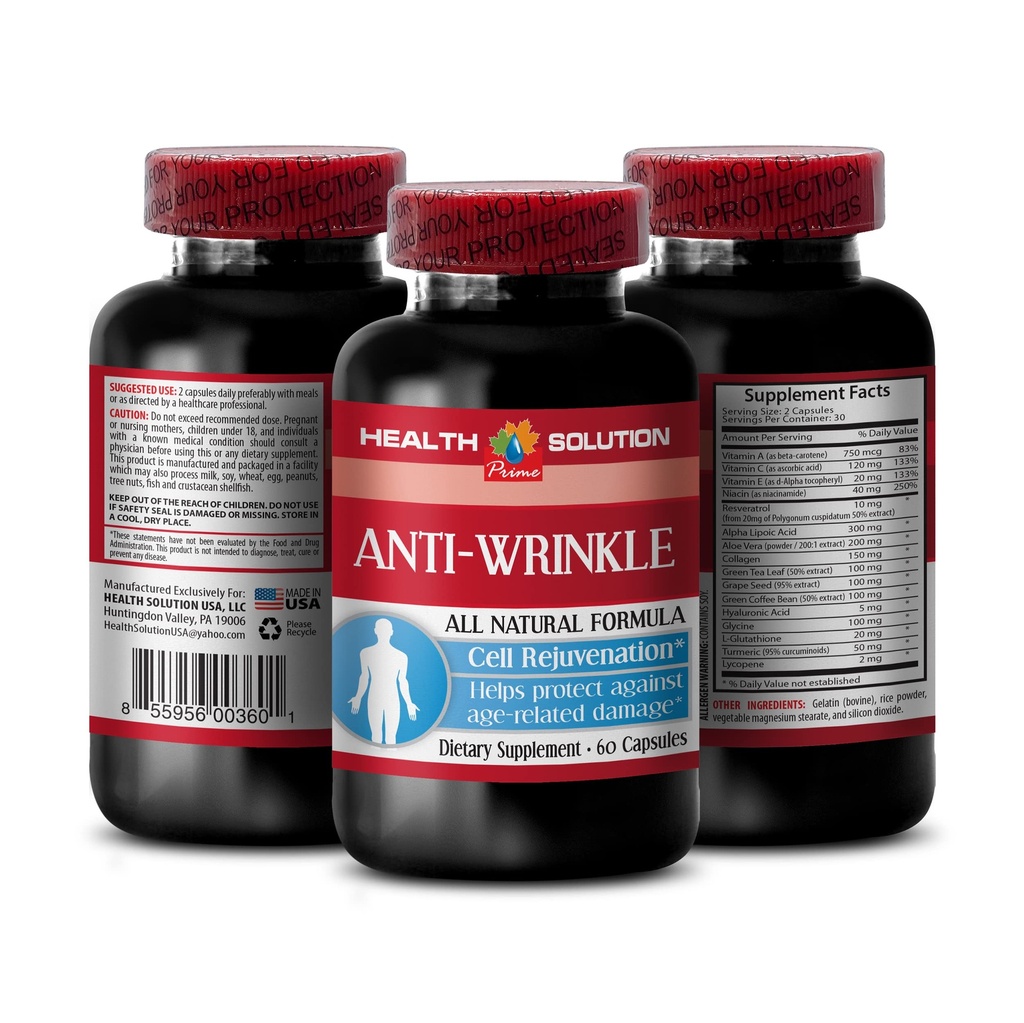 Witamina E kolagen - ANTI- WRINKLE COMPLEX - minerały skóry, Anti-aging natural formula, anty zmarszczki kapsułki na twarz, serum anty zmarszczki, kwas lipoinowy alfa, anty zmarszczki pigułki dla kobiet, 1B 60 Czapki