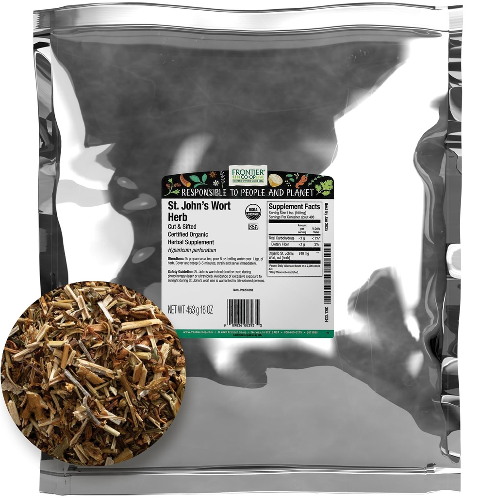 Frontier Co- op Organic Cut and Sifted Saint John 's Hert 1lb - Suszony Herb dla St Johns wrzący organiczna herbata lub Diy kapsułki, Olej, nalewka, Suplement