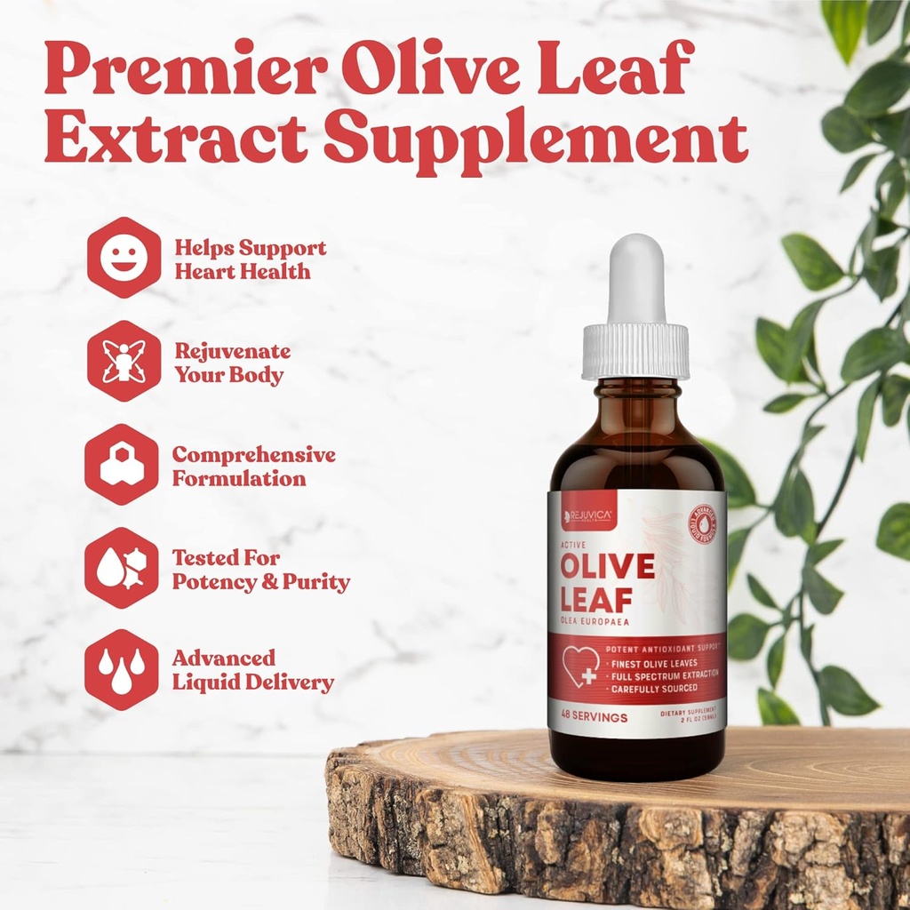 Rejuvica Active Olive Leaf Extract Agregat 124; Naturalnie występujący Oleuropeina płynne krople do immunologicznego i wsparcia serca 124; Fast- Absorption, Vegan, Alcohol-Free 124; 6 fl oz