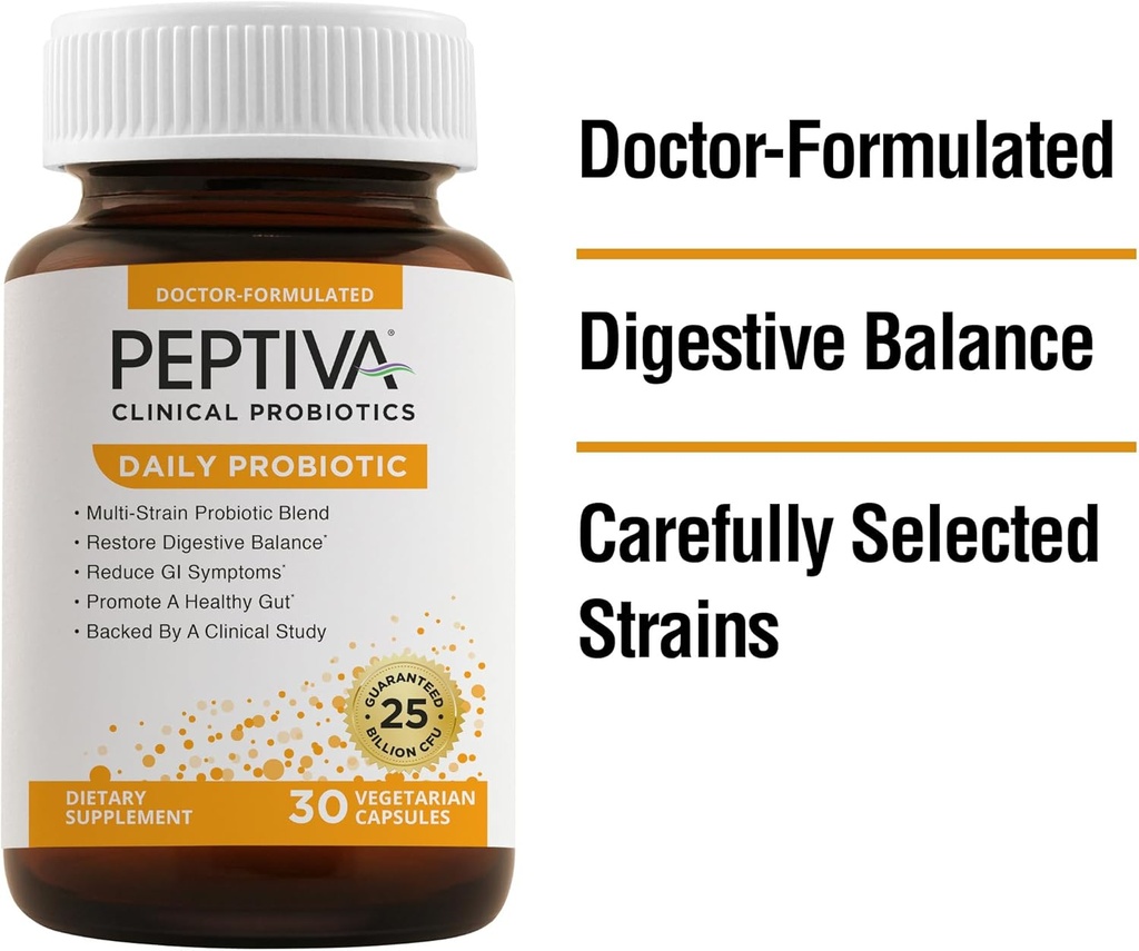 Peptiva Daily Probiotic, 25 Billion CFU, Multi- Strein Probiotics, Lactobacillus Acidophilus, Bifidobacterium, Suplement wsparcia do diety - 30