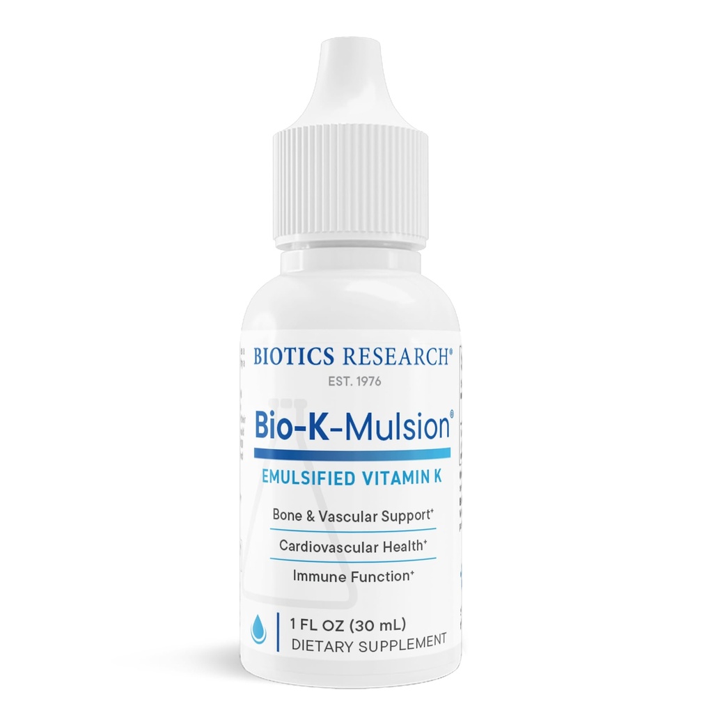 Biotics Research Bio K Multision Liquid Witamina K Drops - 500 µg / S - Witamina K1 fitonadion dla dorosłych - VIT K Suplement - silne kości, Heart Health, Blood Clotting Support, 1 fl oz