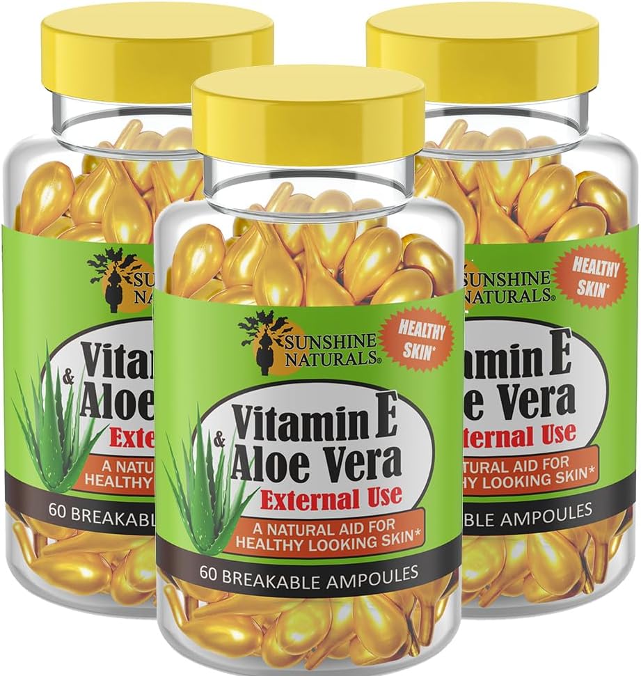 Sunshine Naturals Witamina E i Aloe Vera Moisturizer. Nawadniająca formuła na suchą skórę, kojąca ulga, nurzanie i elastyczność skóry. Promuje miękkie, i Healthy- Looking Skin. 60 Fials. Opakowanie zawierające 3