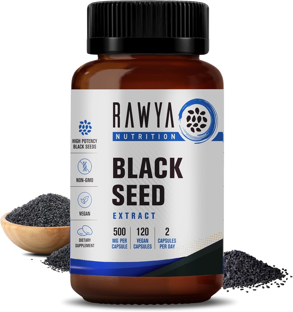 RAWYA Nutrition Black Seed Extract, Nigella Sativa, Black Cumin Seed Powder, 500 mg Każdy, Promotes Wellness, Elastyczność, i Proviant Skin, Halal, Wegan, Pure & Natural Supplement - 120 Kapsułki Vegan