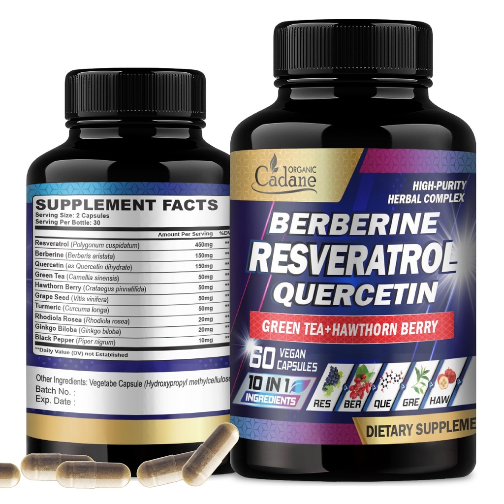 Suplement Cadane Resveratrol - 10in1 Plus z Quercetin, Berberine, Green Tea, Nasiona winorośli, Hawthorn Berry, Turmeric, Rhodiola Rosea, Ginkgo Biloba i Black Pepper - 60 Kapsułki