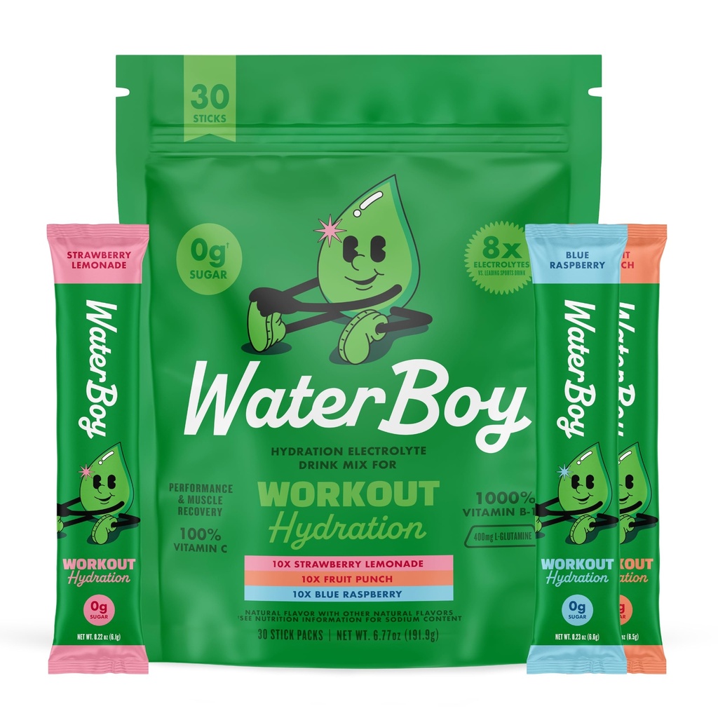 Waterboy Workout Hydration 124; 2,960mg Sugar Free Electrolyte Powder Pakiety do sporządzania proszku 124; L- Glutamine + Vitaminy 124; No Sugar, All Natural, Gluten Free (Variety)