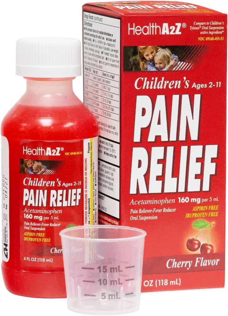 HealthA2Z ® Relief bólowy dla dzieci 124; Acetaminofen 160 mg (5 ml) 124; Wiek 2- 11 XI124; Cherry Flavor 124; Pain Reliever - Fever Reducer - Zawiesina doustna 124; Aspiryna i Ibuprofen Free 124; 4FL Oz (118 ml)