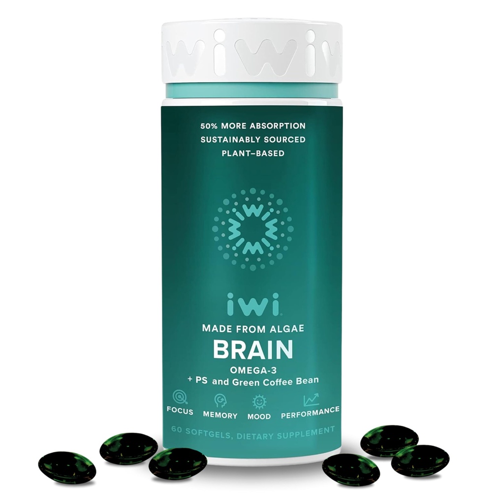 Iwi Life Brain Omega-3, 60 Softgels (30 Servings), Vegan Plant- Algae Omega-3 z EPA + DHA, Focus, Pamięć i Mood Support Dietary Supplement, Kryll & Fish Oil Alternative, No Fishy Aftertaste