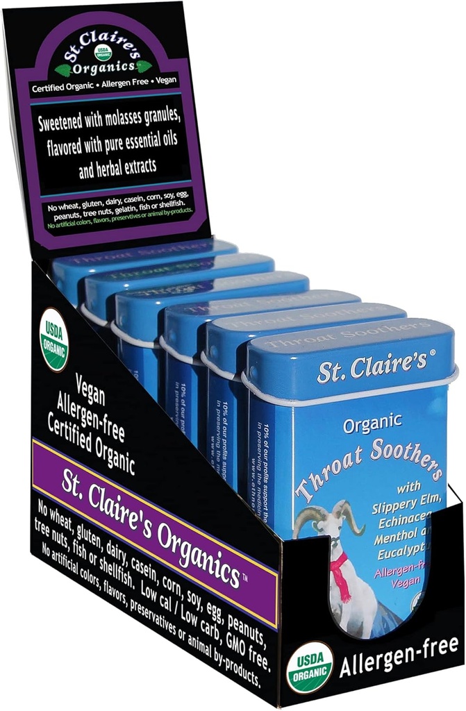 Saint Claire 's Organic Throat Soothers, (1.5 Ounce Tin, Pack of 6)