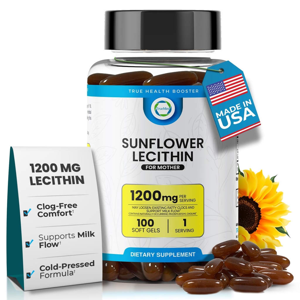 Lecytyna słonecznikowa 1200 mg, Płyn mleczny, Bezsojowy i Niezmodyfikowany GMO Wsparcie dla karmienia piersią Moms Unblocks Zablokowane Kasze mleczne, Mózg, Nerwy i Zdrowie wątroby, Fosfolipid- Bogate dla Matki 100 Softgel