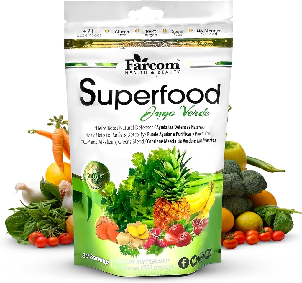 Superfood Zielony Sok Proszek - Mieszanka ponad 21 Super Zielonych, Adaptogens, Prebiotyki, Probiotyki, Przeciwutleniacze - Detox, Energia i suplement immunologiczny - Wegan, Gluten- Free