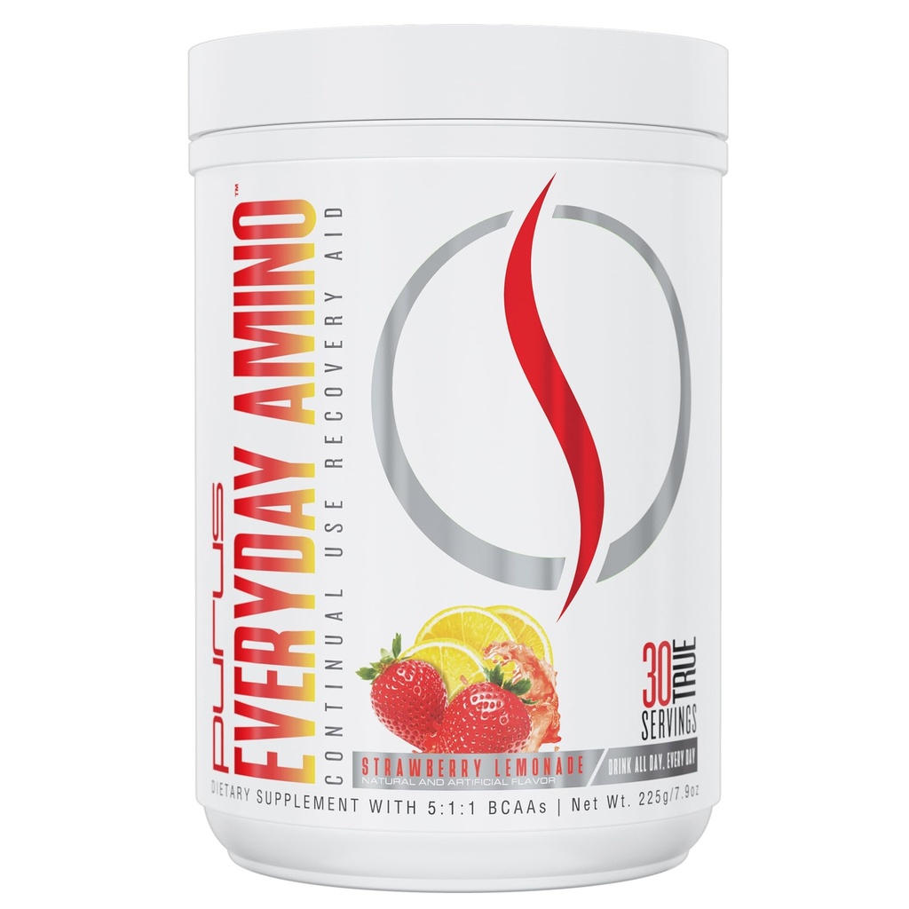 Purus Labs Codziennie Amino BCAA Proszek Pył 124; Amino Acids for Muscle Hydration & Recovery Recovery 124; Cukier wolny & Gluten Wolny 124; 30 Służenia (Truskawka Lemoniada)