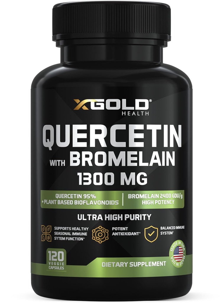 Quercetin + Bromelain 1,300mg - Quercetin: 95% - Wysoko Oczyszczona i Biodostępna Plus Bromelain 2,400 GDU / g - Made in USA