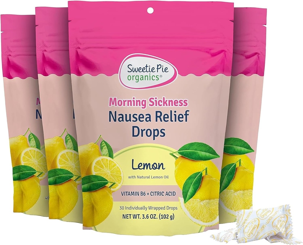 Cukiereczek Pie Organic Ciąża Nudności Ulga Drops, Soothe First Trimester Poranna choroba, Lemon Flavor, 30 Hrabia, 4 Pack