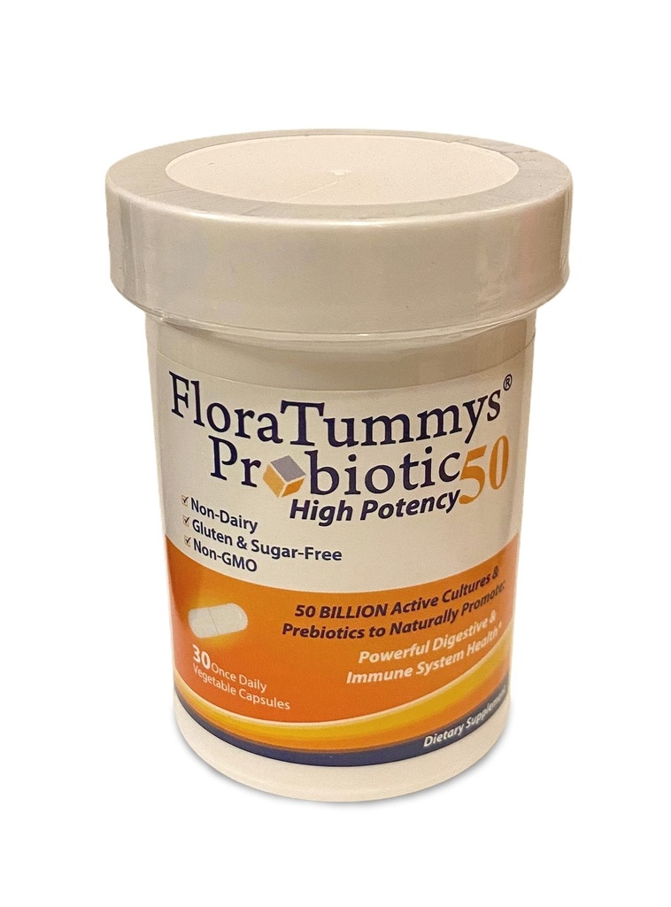 FloraTummys 50 High Potency Adult Probiotic, 50 Billion CFU, Prebiotics, Dairy Free, Gluten Free Probiotic, Non-GMO, Sugar-Free, Made in USA