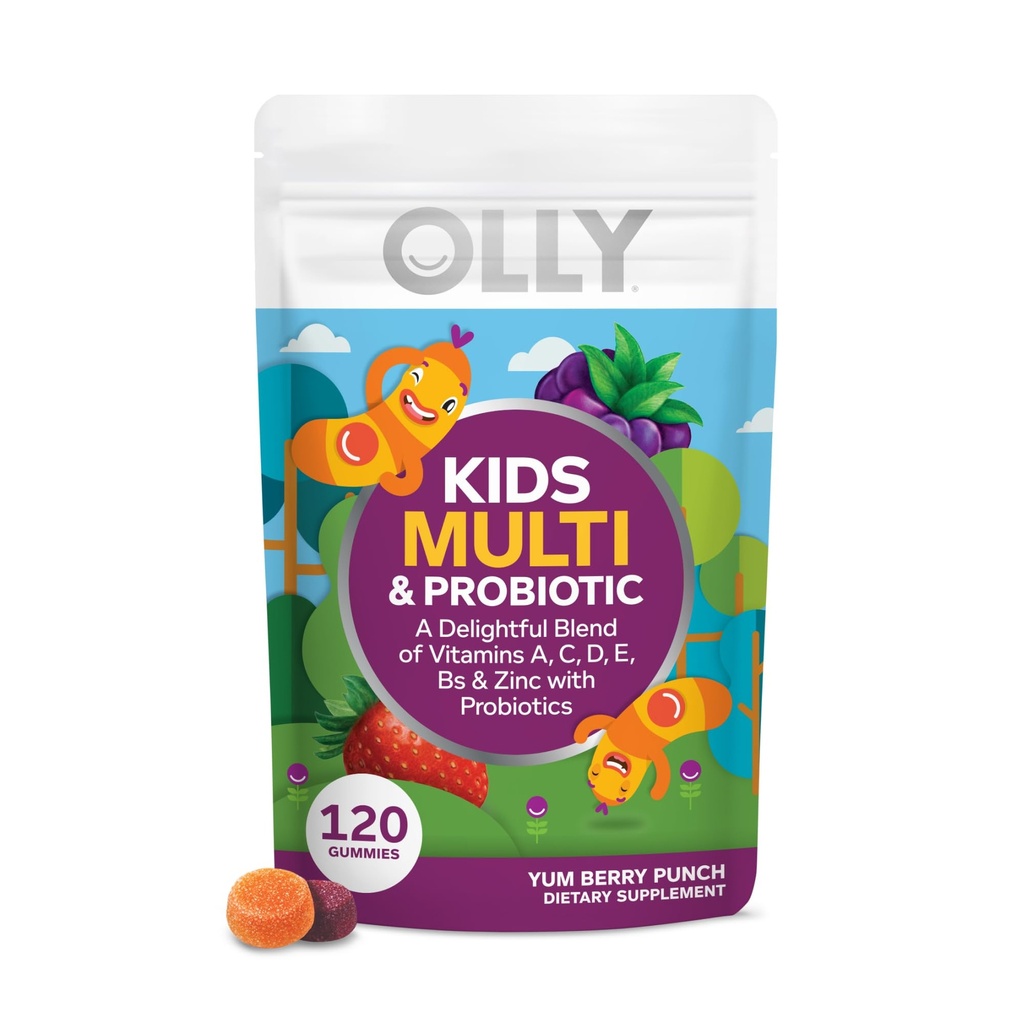 OLLY Kids Multivitamin & Probiotic Gummy, Poparcie trawienne, Witaminy A, D, C, E, B, Cynk, Suplement do żucia, Berry Flavor, 60 dni dostaw - 120 Count