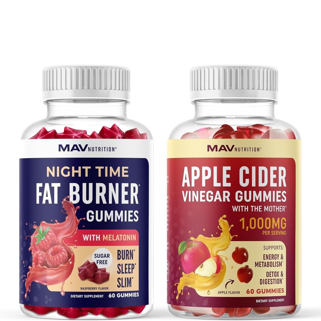 MAV NUTRITION Night Time Fat Burner Gummies i Jabłko Cydr Gummies Vinegar 124; Night, Metabolizm Boost & Weight Management Gummy Bundle Gummy 124; 30 Służenia każdy