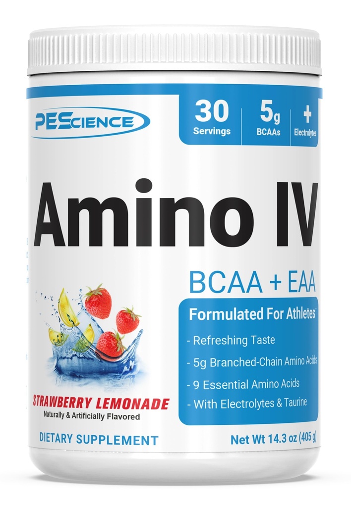 PEScience Amino IV BCAA & EAA proszek, podstawowe aminokwasy, Tauryna, Elektrolity do nawadniania i odzyskiwania mięśni, Cukier wolny dla mężczyzn i kobiet, Post Workout - Lemoniada truskawkowa, 30 Służenia