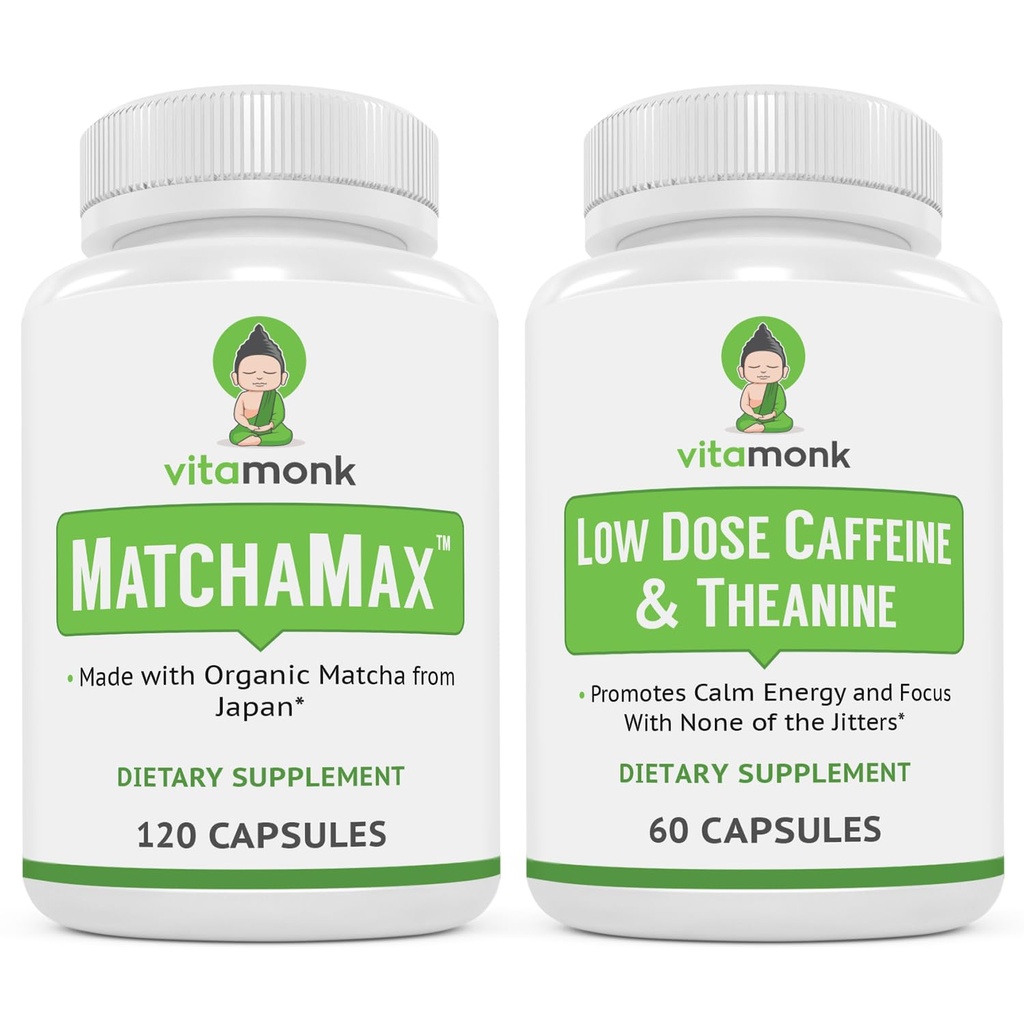 VitaMonk Energy & Focus Bundle: MatchaMax Organic Japanese Match Kapsułki Niskie dawki Kofeina i Theanine