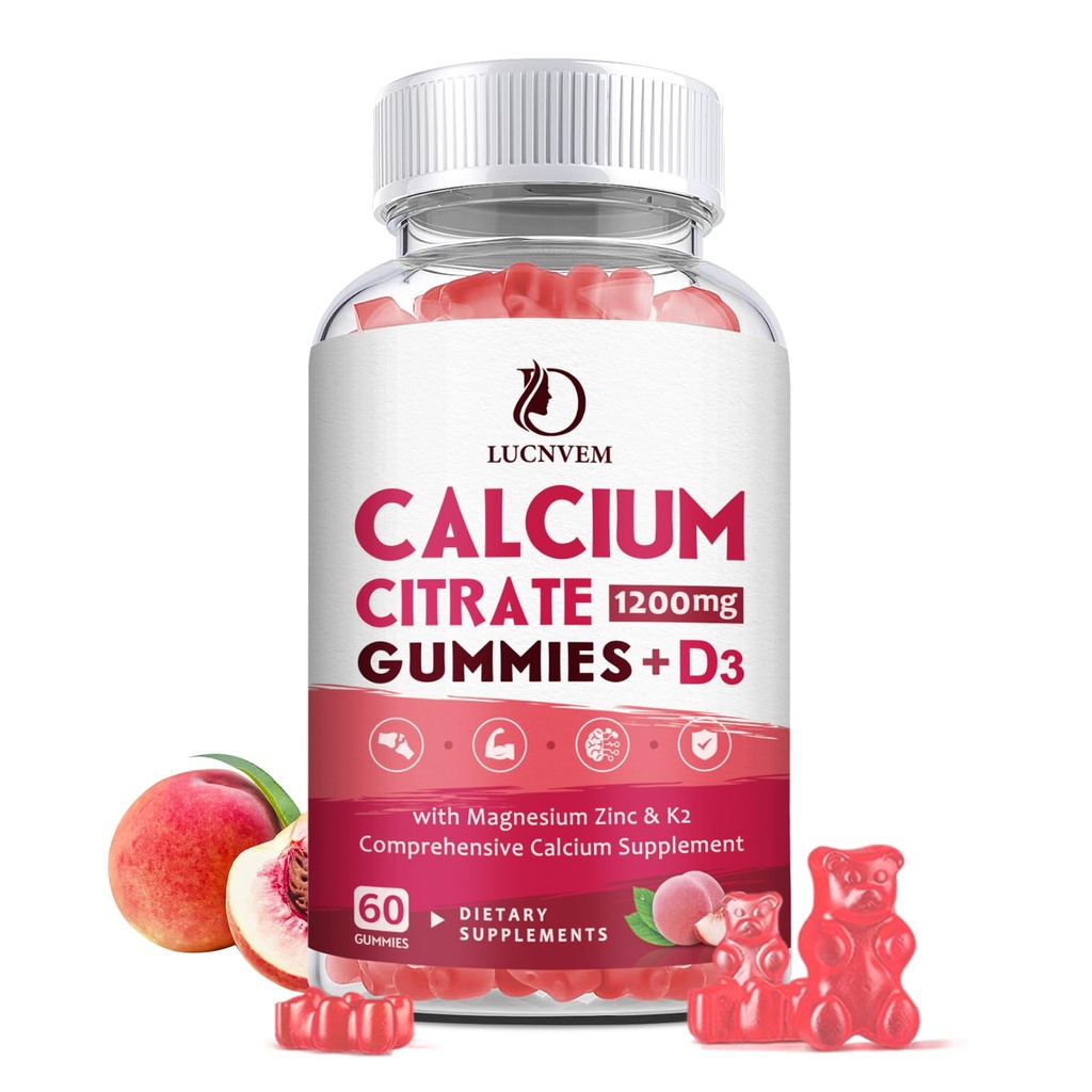 Cytrynian wapnia 1200mg z witaminami D3 Gummeje, Gummeje wapnia z witaminą D3 dla kobiet i mężczyzn, Cynk Cal Magnezu dla mięśni kości Healthy- Naturalny biały aromat brzoskwiniowy 30 Day Supply