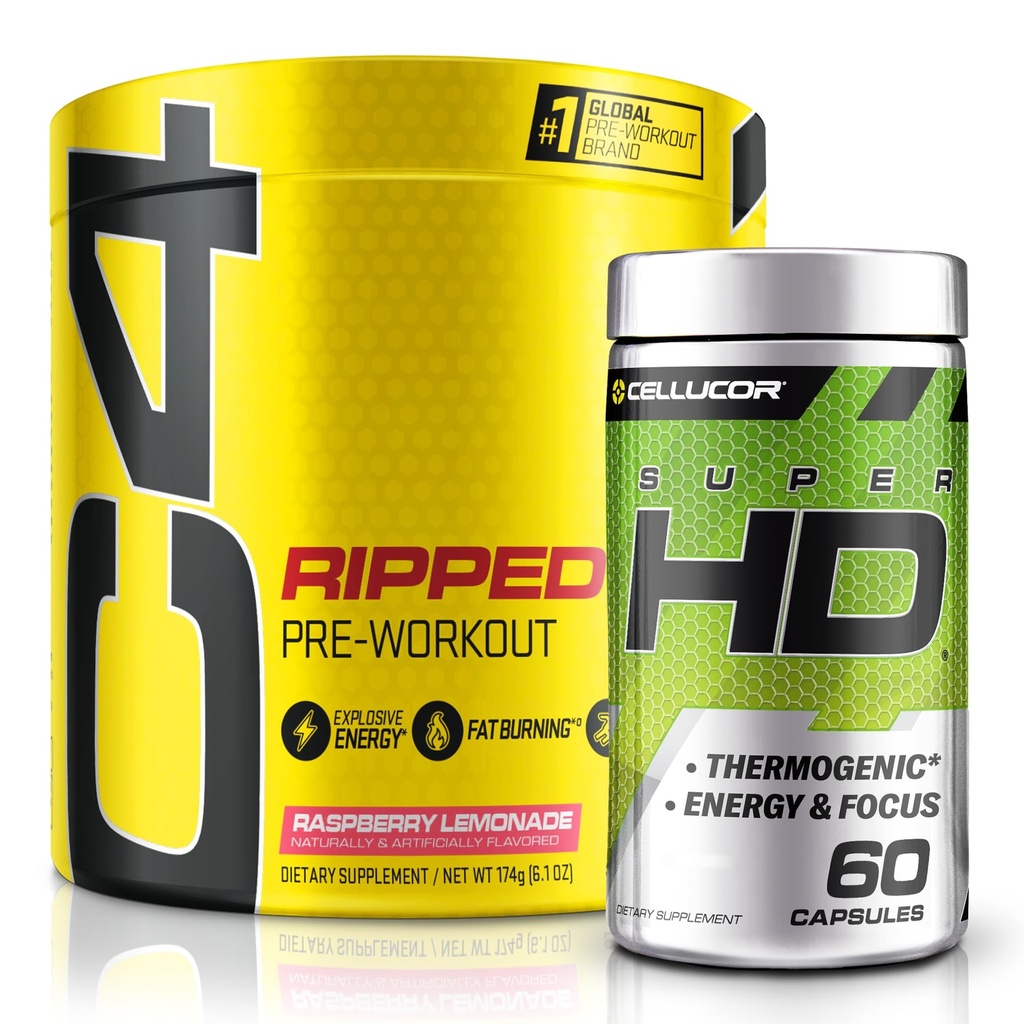 C4 Ripped & SuperHD, Thermogenic Bundle, C4 Ripped pre Workout Proszek, Lemoniada malinowa 30 Służenia + SuperHD z Capsimax i Green Tea Extract, 60 Służenia