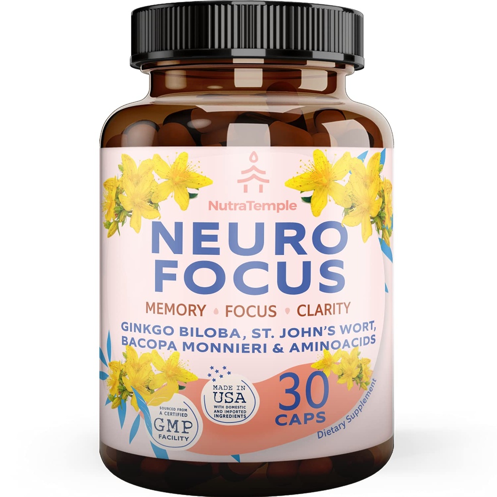 Brain Booster Gingko Biloba Suplement - Nootropiki do umysłu, Skup się, Pamięć, Klarowność z Bacopa Monnieri, St. Johns dziurawiec - 30 Kapsułki żywności mózgu