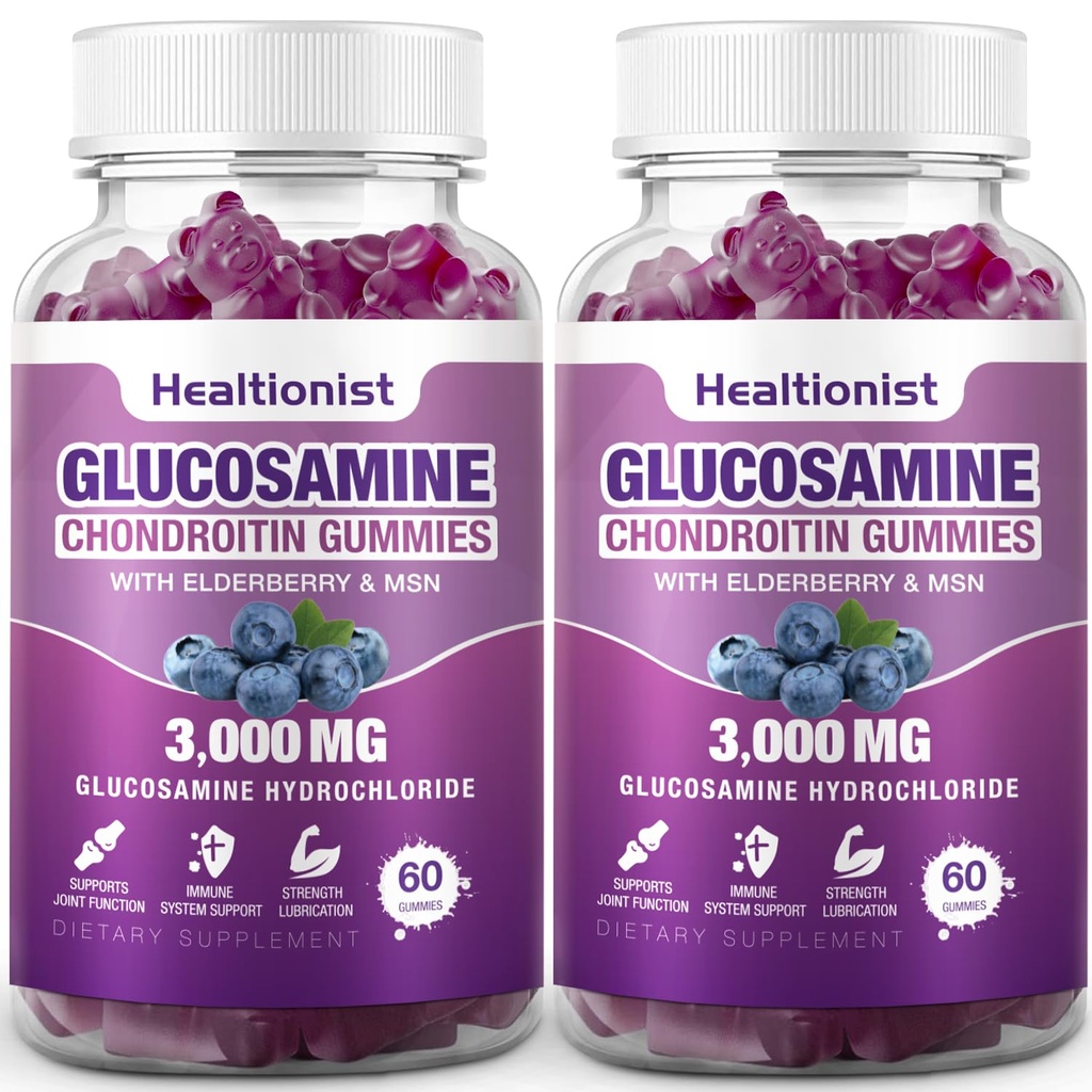 2 Opakowania 3000mg Glukozamina Gummie Chondroitin z MSM & Elderberry - Extra Siła Joint Health, Elastyczność, Antyoksydant immunologiczny Suplement Supplement Gummy dla dorosłych, Mężczyźni i kobiety 120 Cts