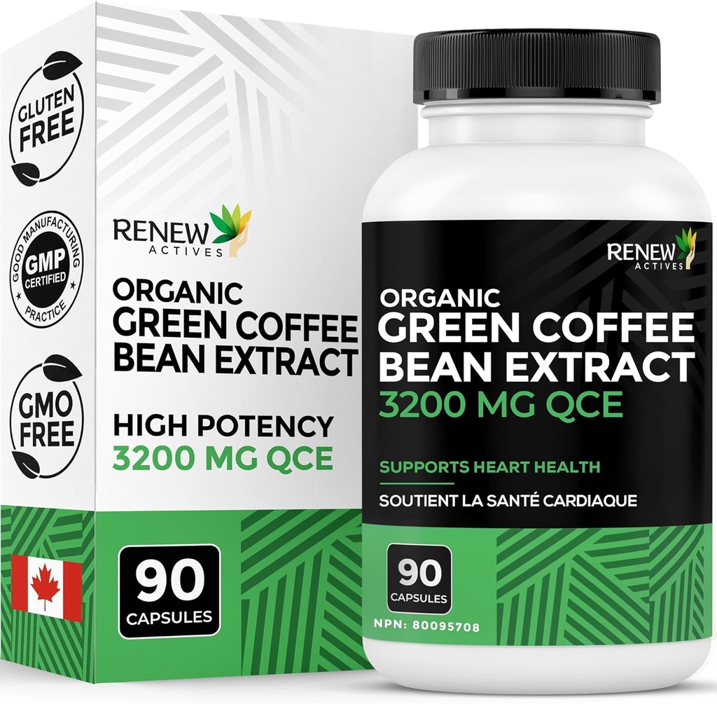 Renew Actives High Potency Green Coffee Bean Extract - 800mg per Serving Green Coffee Bean Extract with 50% Kwas chlorogenowy dla korzyści przeciwutleniających - Made in Canada - 90 Kapsułki wegetariańskie