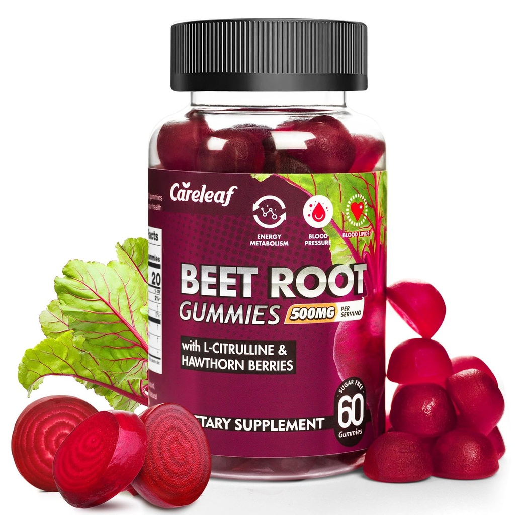 Wolne od cukru Wegan Buraki Gummie korzeniowe dla ciśnienia krwi, Buraki Gummie z L- Citrulline i Hawthorn Extract, Peach Flavor Beet Chews for High Blood Pressure, 60 Count