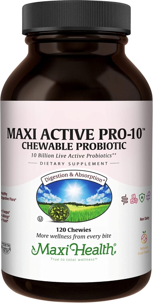 Maxi Health Active Pro- 10 Dzieci Probiotyczne Chewables - 15 Szczepów do Żywienia i Zdrowia immunologicznego -10 Miliard Probiotycznych Blend- Darmowy, Kosher - Obsługuje Gut Health, Wegetarianin - 60 ct (półka Stable)