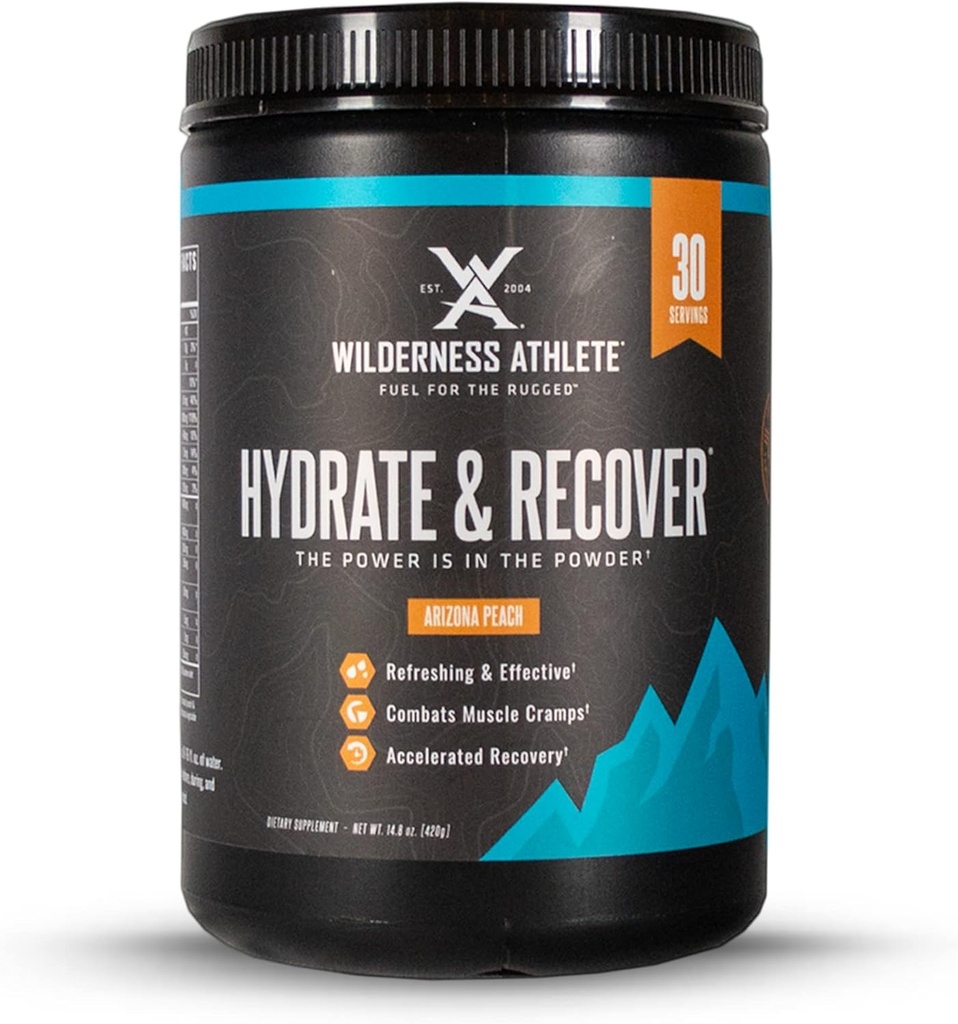Wilderness Athlete - Hydrate & Recover Equipment 124; Płynny proszek do hydrolizy Napoje elektrolityczne - Recover Faster with Bcaas - Hydrate Powder with 1000mg of Witamina C - 30 Serving Tub (Arizona Peach)