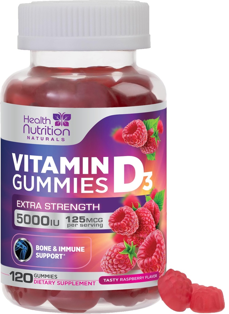 Witamina D3 Gummie 5000 IU (125 mcg) - Potrójne Siła kości i wsparcia immunologicznego, Witamina D Gummy Suplement diety, Nature 's Berry D Suplement witaminy, Malina Flavored, Non-GMO - 120 Gummies
