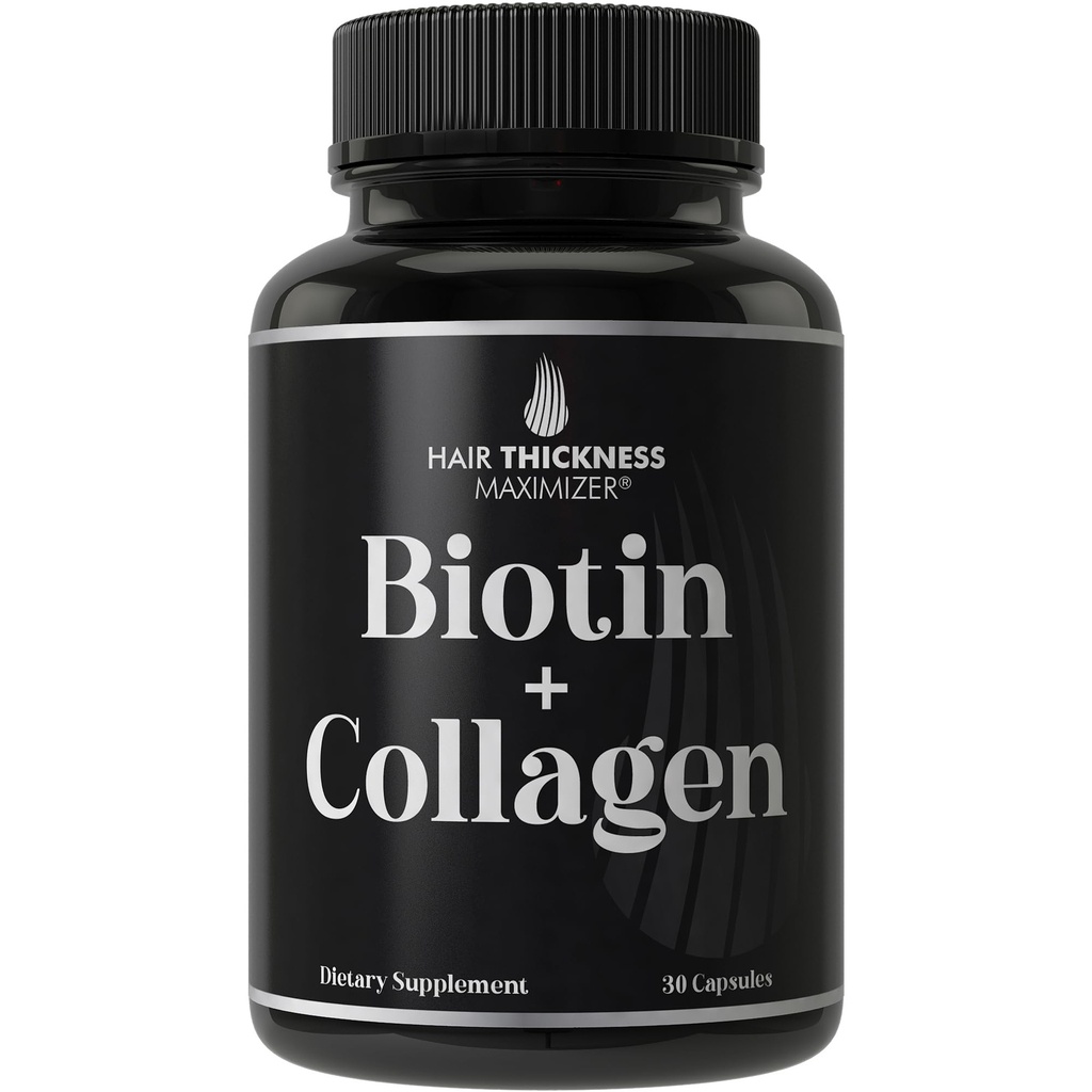 Biotin and Collagen Supplement - 10,000 mcg Biotin + Bovine Collagen for Thinning & Brittle Hair. Zaawansowany kompleks witaminy 2- in-1. Obsługuje grubsze, zdrowsze wzrost włosów dla kobiet, mężczyzn