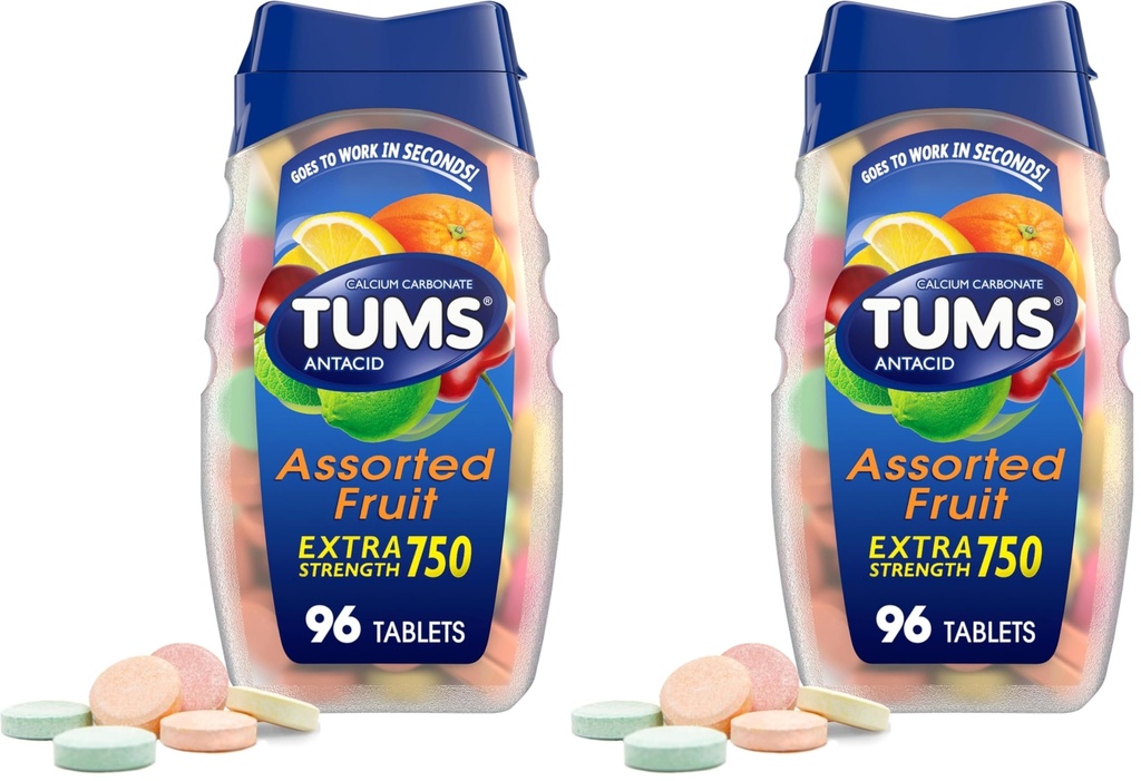 TUMS Extra Siła Antacid Tablets for Chewable Heartburn Relief and Acid Infersition Relief, Assorted Fruit Flavors - 96 Count (Pack of 2)