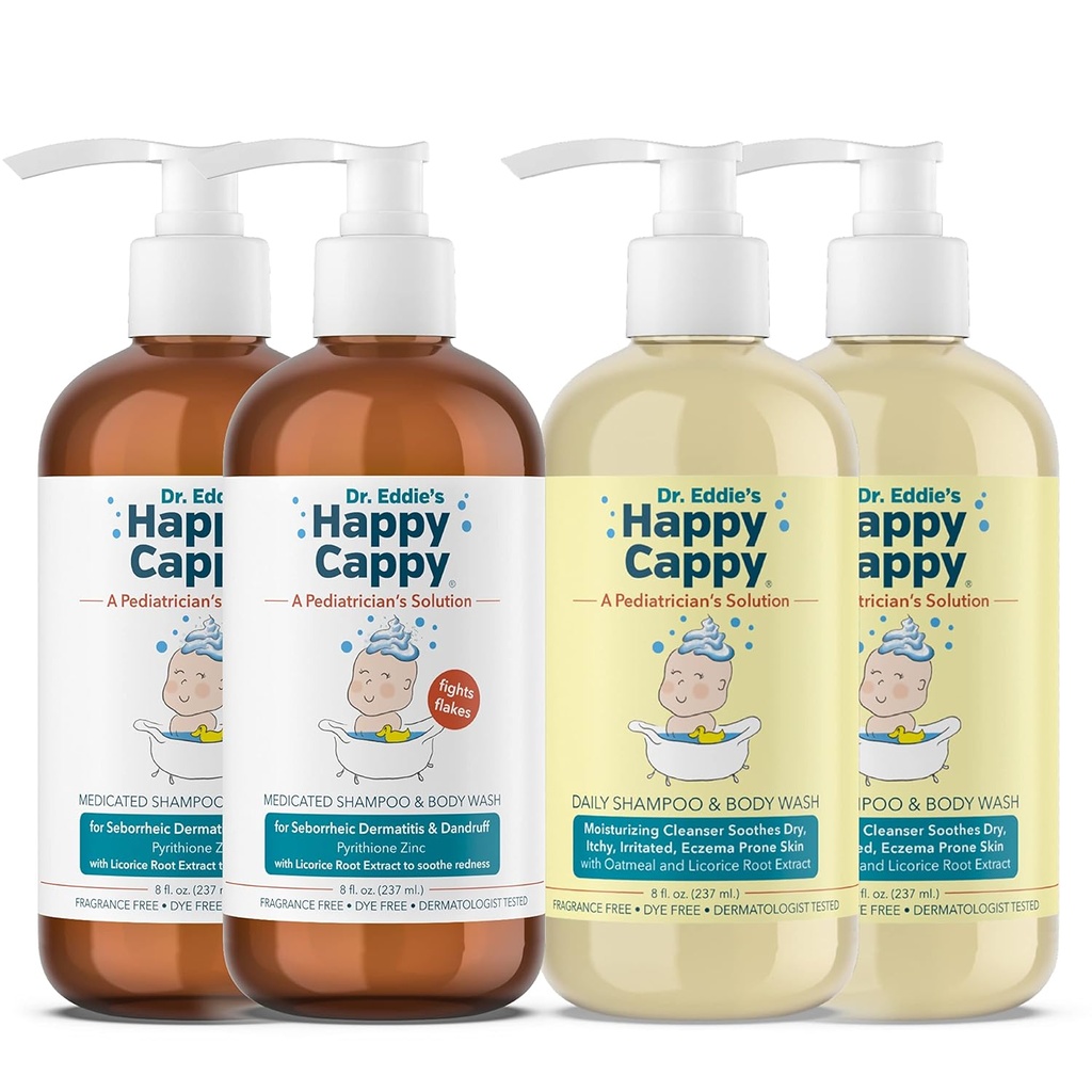Szczęśliwy Cappy Daily Medvered Szampon i Body Wash Bundle - Baby Dandruff Szampon, Pomaga Cradle Cap i Seborrheic Dermatice, Redukuje czerwień, Dermatolog Tested, Fragrance- Free - 4 Kawałki