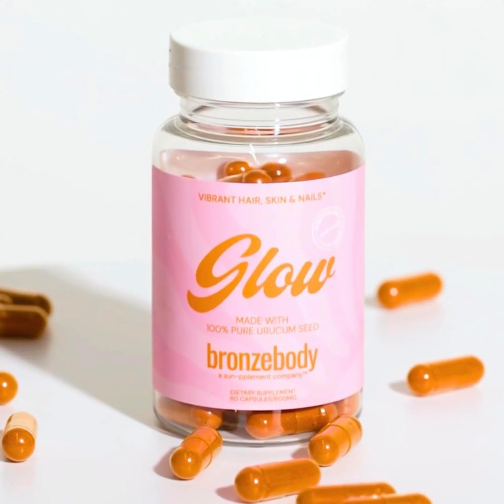 bronzebody ® GLOW kapsułki Przyspieszone Tanning Vegan Vitamin A Tocotrienols Przeciwutleniacze Melanin Collagen Urucum (ROUCOU, Annatto, Bixin, Urucu) Suplement ziołowy Detox Dodatek wolny (60ct)
